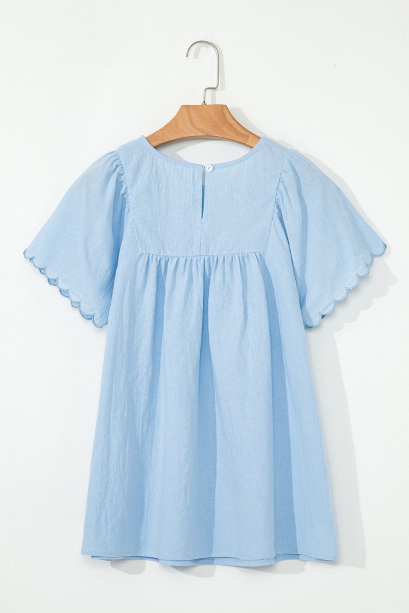 Beau Blue Solid Color Embroidered Scalloped Sleeves Crew Neck Blouse - Love Salve